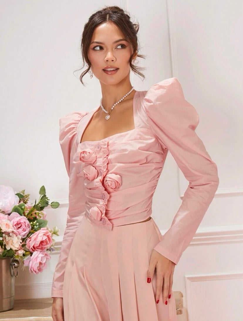 CM-TS544014 Women Elegant Seoul Style Leg Of Mutton Sleeves 3D Floral Pleated Shirt - Pink