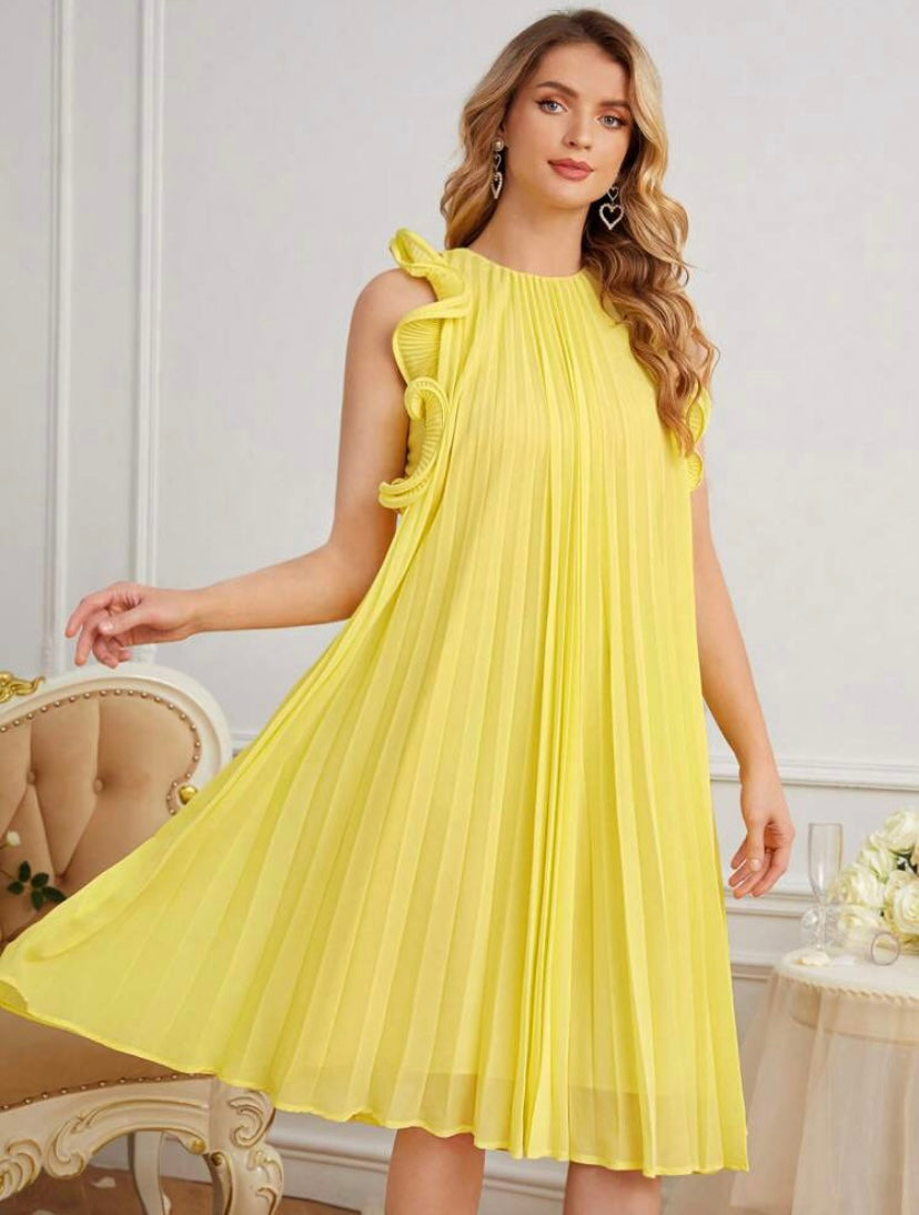 CM-DS115942 Women Elegant Seoul Style Sleeveless Ruffle Trim Pleated Dress - Yellow