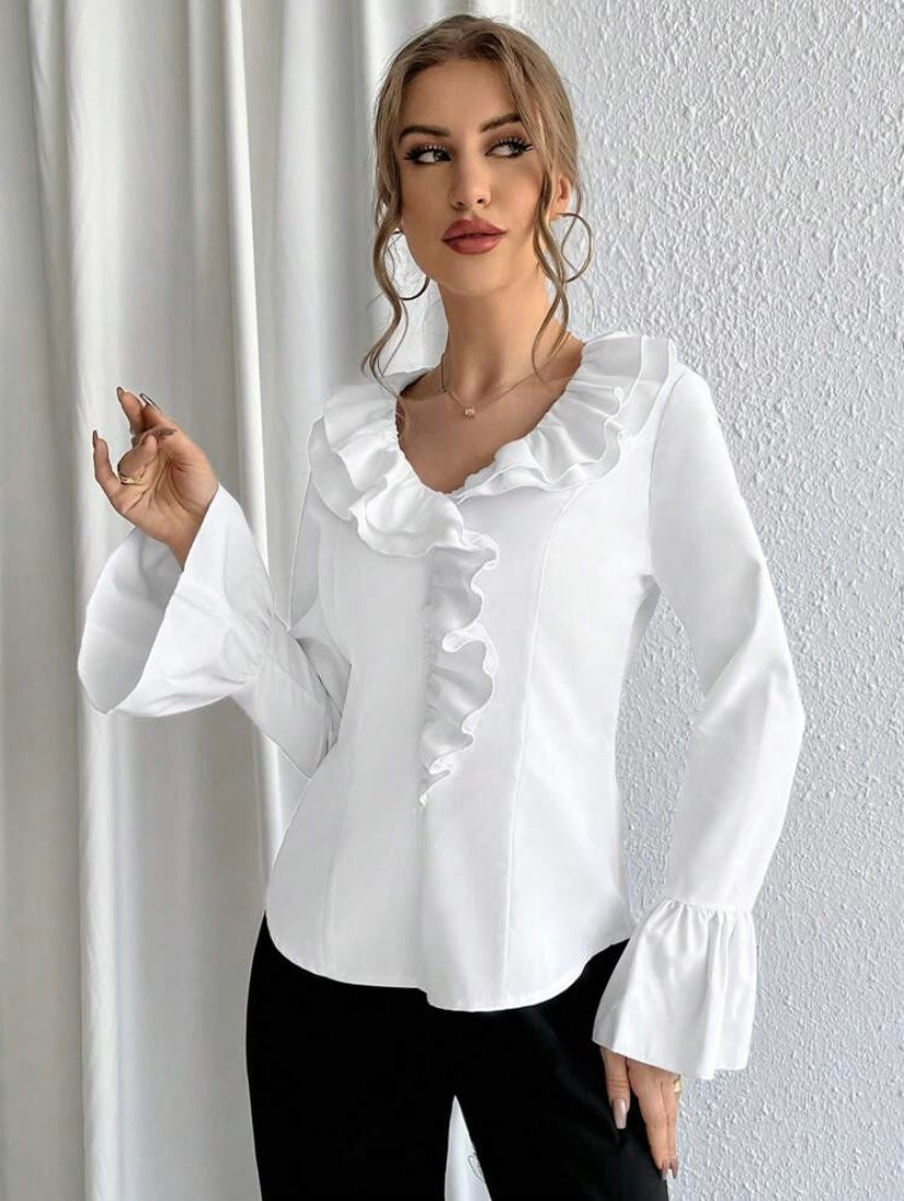 CM-TS315277 Women Casual Seoul Style Ruffle Trim Flounce Sleeve Blouse - White
