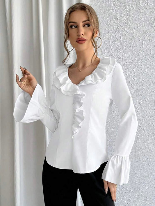 CM-TS315277 Women Casual Seoul Style Ruffle Trim Flounce Sleeve Blouse - White