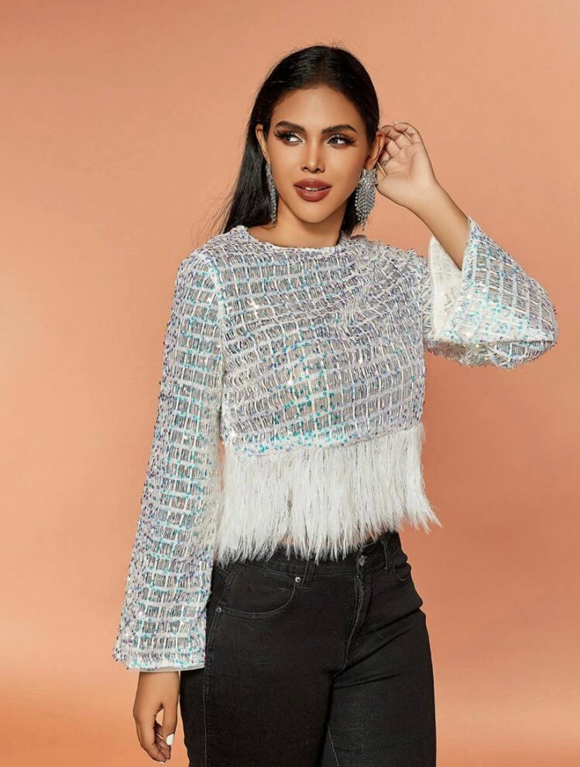 CM-TS504002 Women Elegant Seoul Style Round Neck Long Sleeve Fuzzy Hem Sequin Tee - White