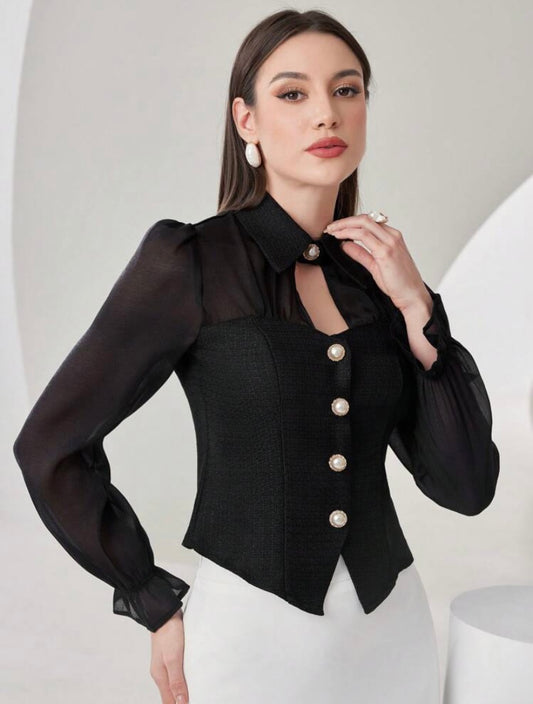 CM-TS754041 Women Elegant Seoul Style Flare Sleeve Button Front Blouse - Black