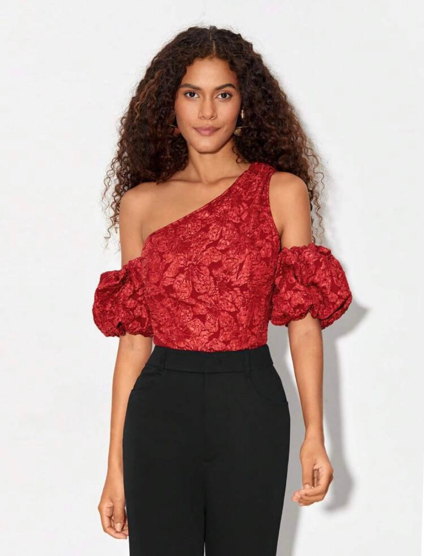 CM-TS749424 Women Elegant Seoul Style Asymmetrical Neck Puff Sleeve Jacquard Bodysuit