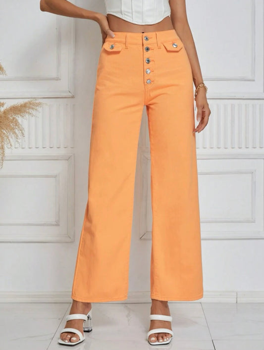 CM-BS932092 Women Casual Seoul Style Button Fly Flap Detail Wide Leg Jeans - Orange