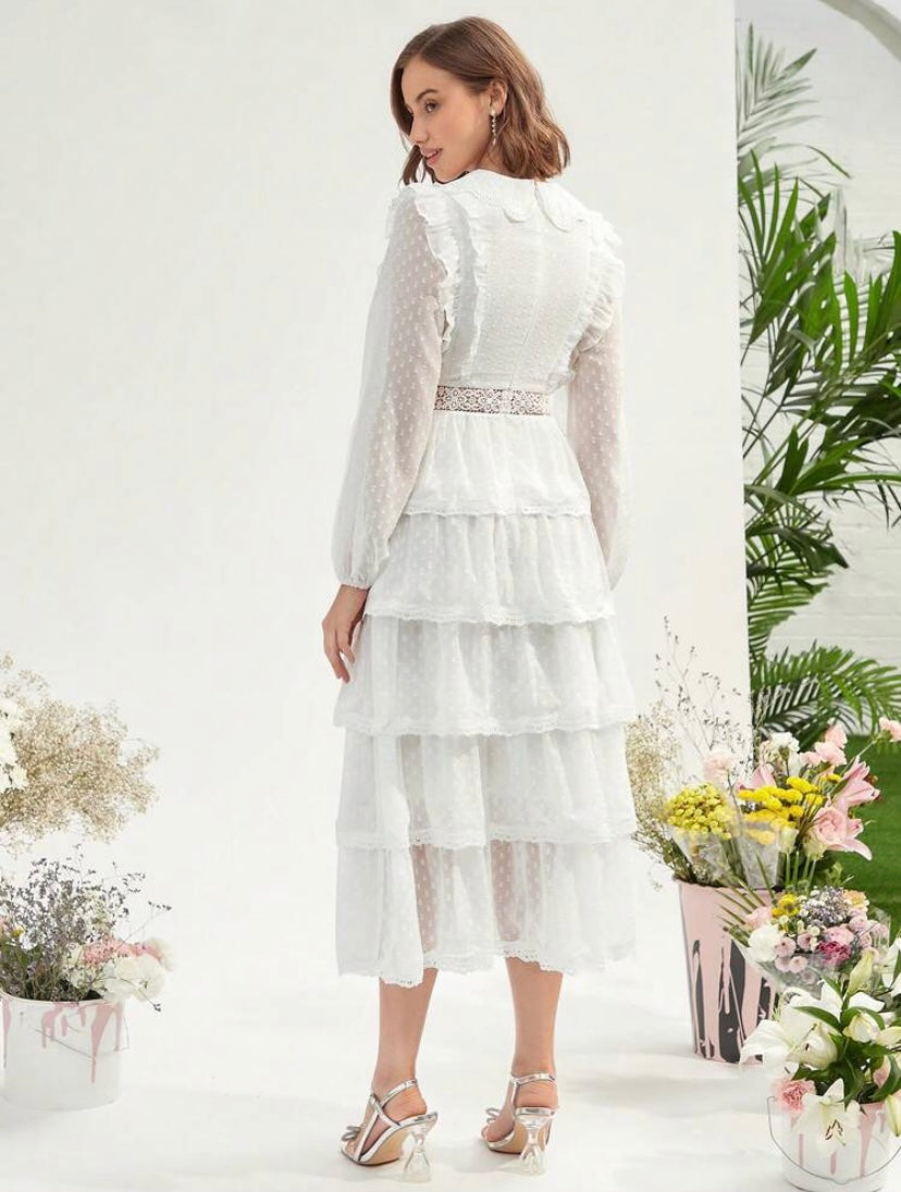 CM-DS095840 Women Elegant Seoul Style Swiss Dot Ruffle Trim Lantern Sleeve Layered Hem Dress