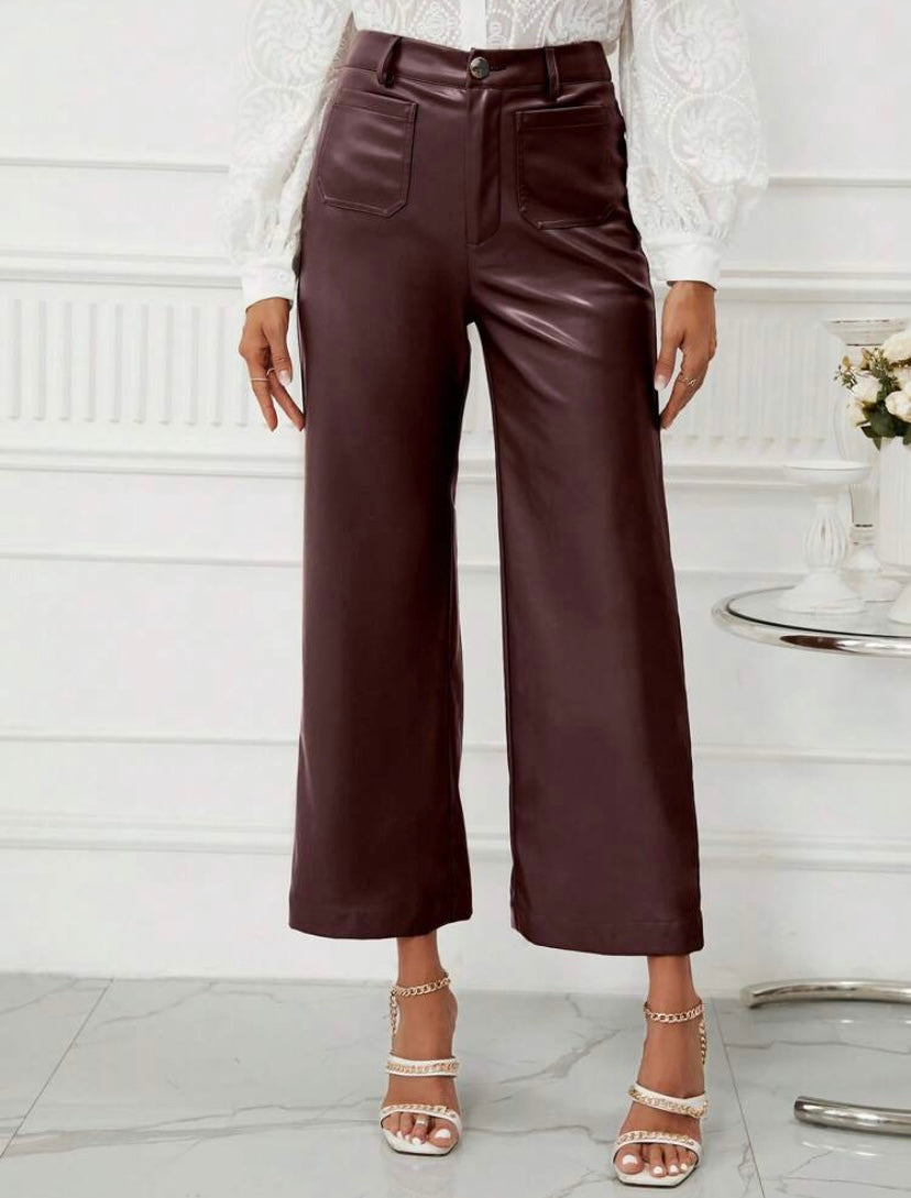 CM-BS596223 Women Casual Seoul Style High Waist PU Leather Wide Leg Pants - Chocolate Brown