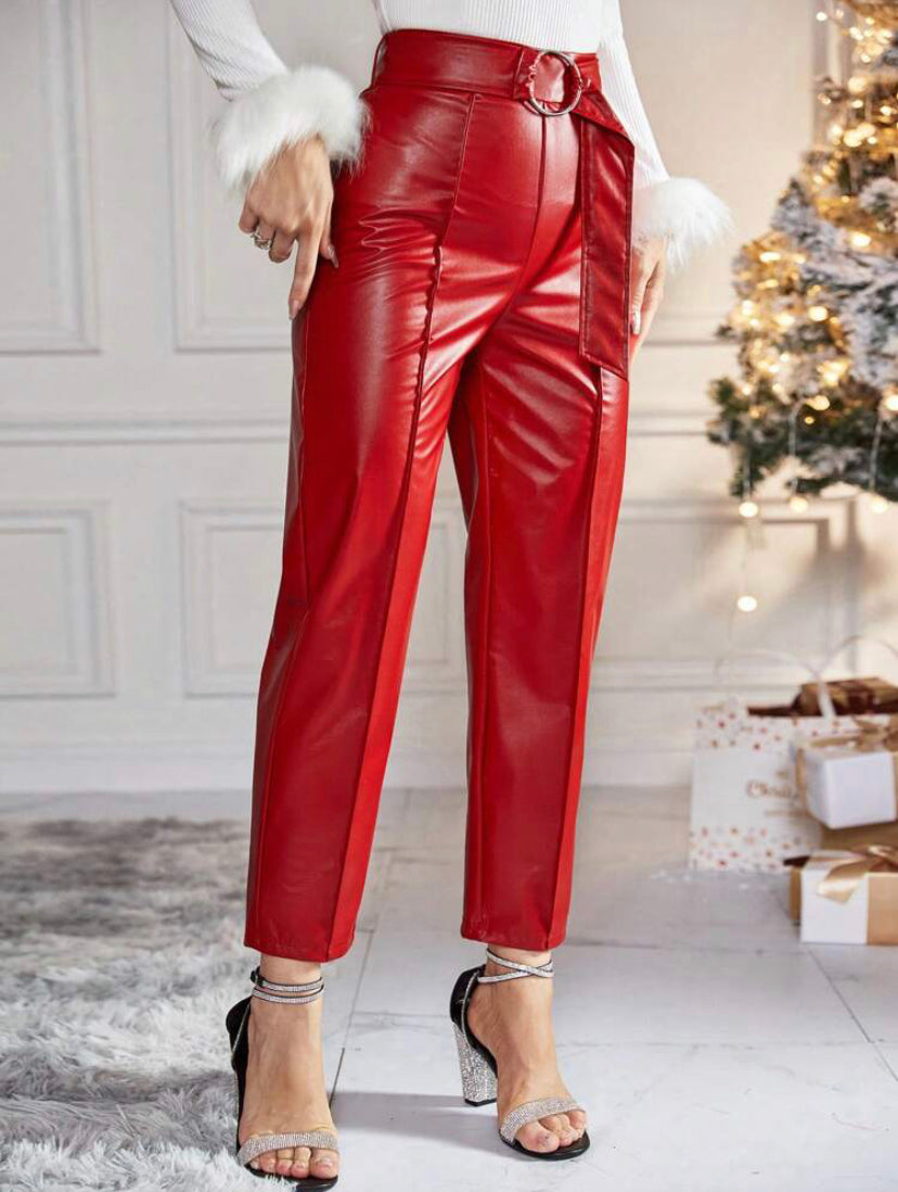 CM-BS798991 Women Elegant Seoul Style High Waist Belted PU Leather Pants - Red