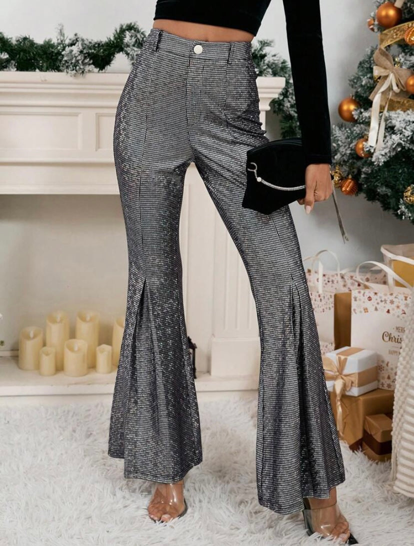 CM-BS158126 Women Elegant Seoul Style Sequin High Waist Flare Leg Pants - Silver