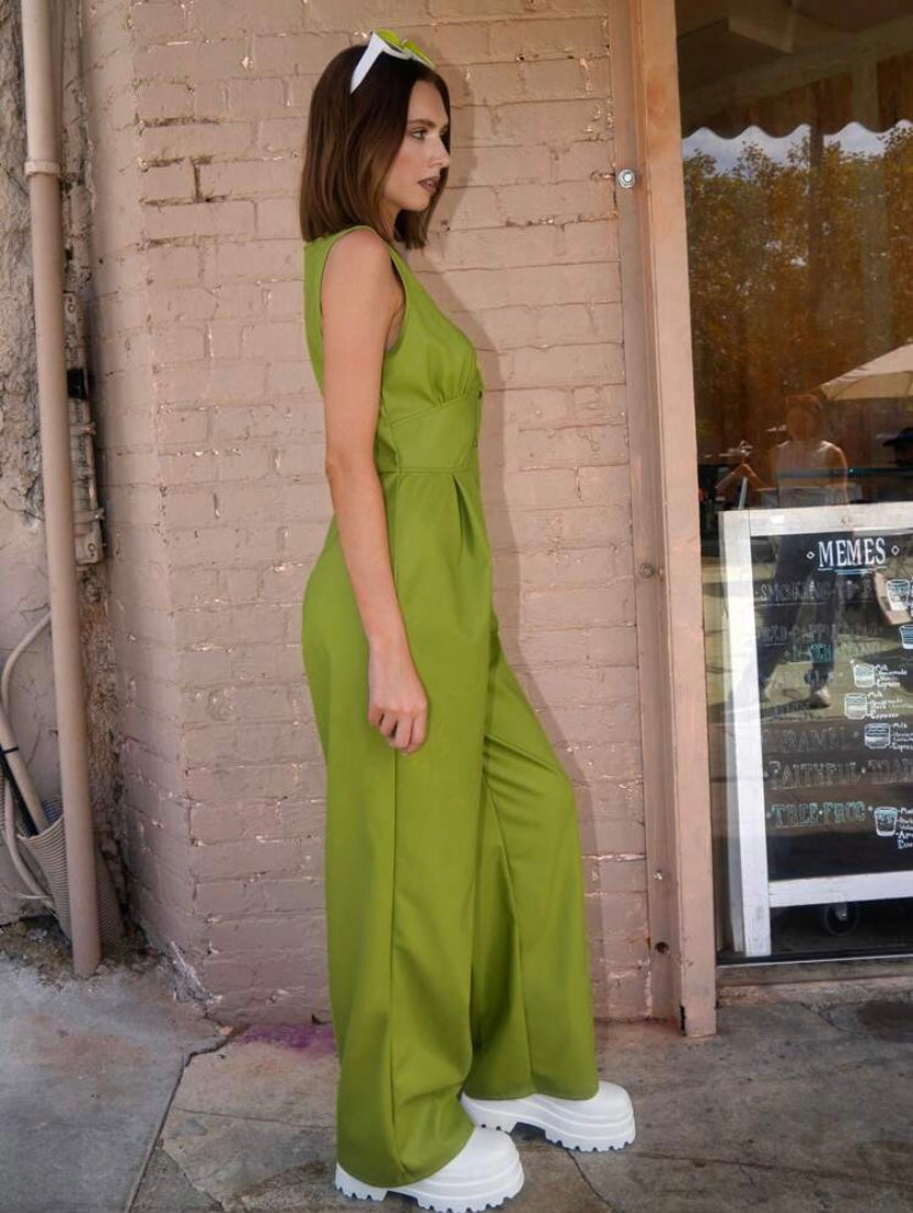 CM-JS747775 Women Casual Seoul Style Button Front PU Leather Jumpsuit - Green