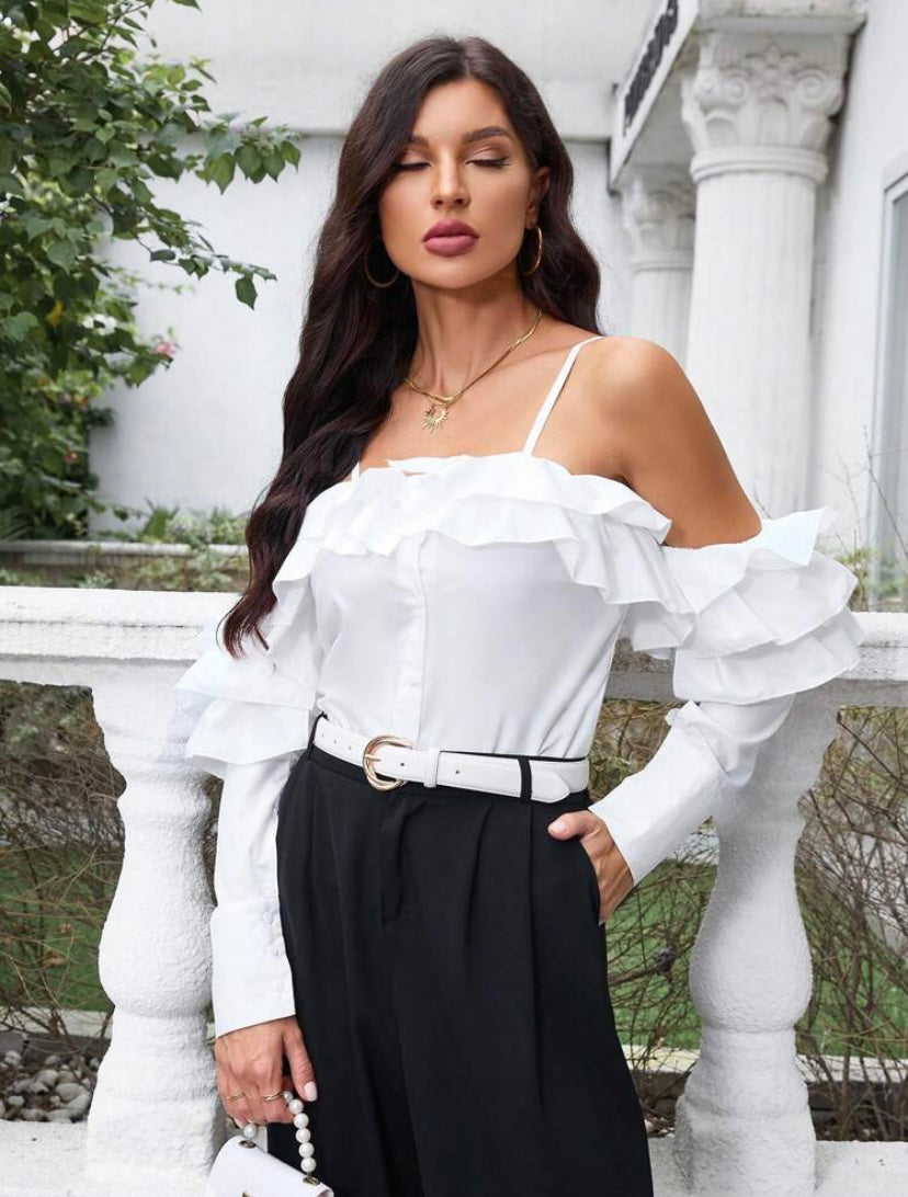 CM-TS108354 Women Elegant Seoul Style Cold Shoulder Long Sleeve Shirt With Ruffle Trim - White