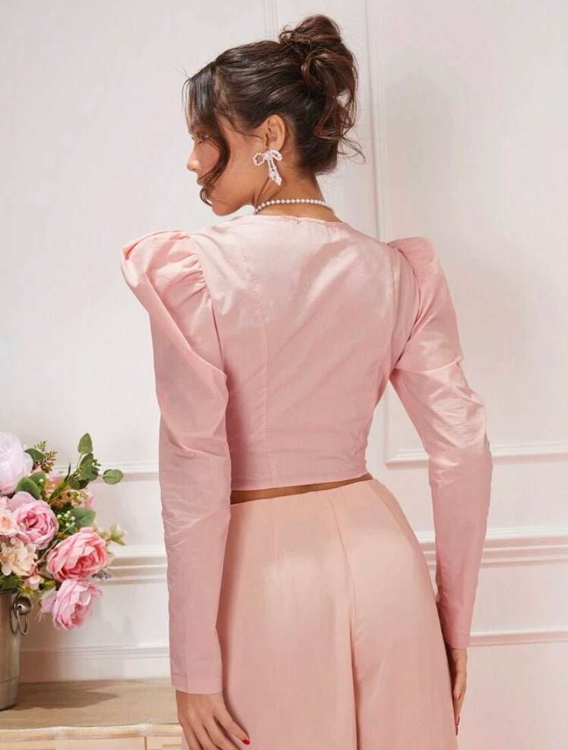 CM-TS544014 Women Elegant Seoul Style Leg Of Mutton Sleeves 3D Floral Pleated Shirt - Pink