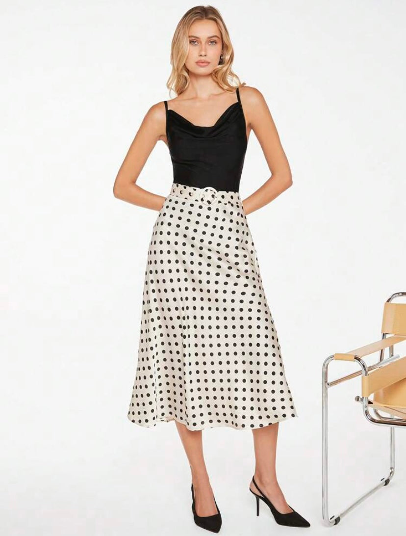 CM-BS744044 Women Elegant Seoul Style High Waist Polka Dot Print Belted Skirt