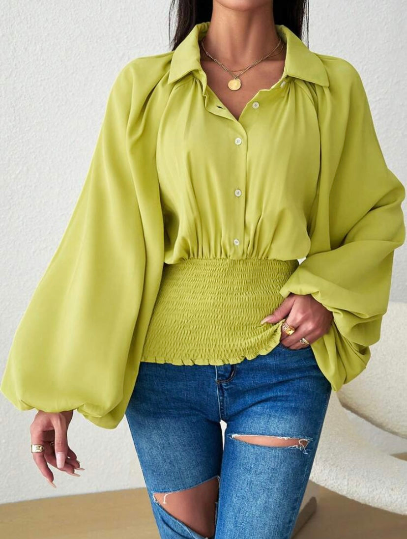 CM-TS066668 Women Casual Seoul Style Collar Neckline Lantern Sleeve Button Front Shirt