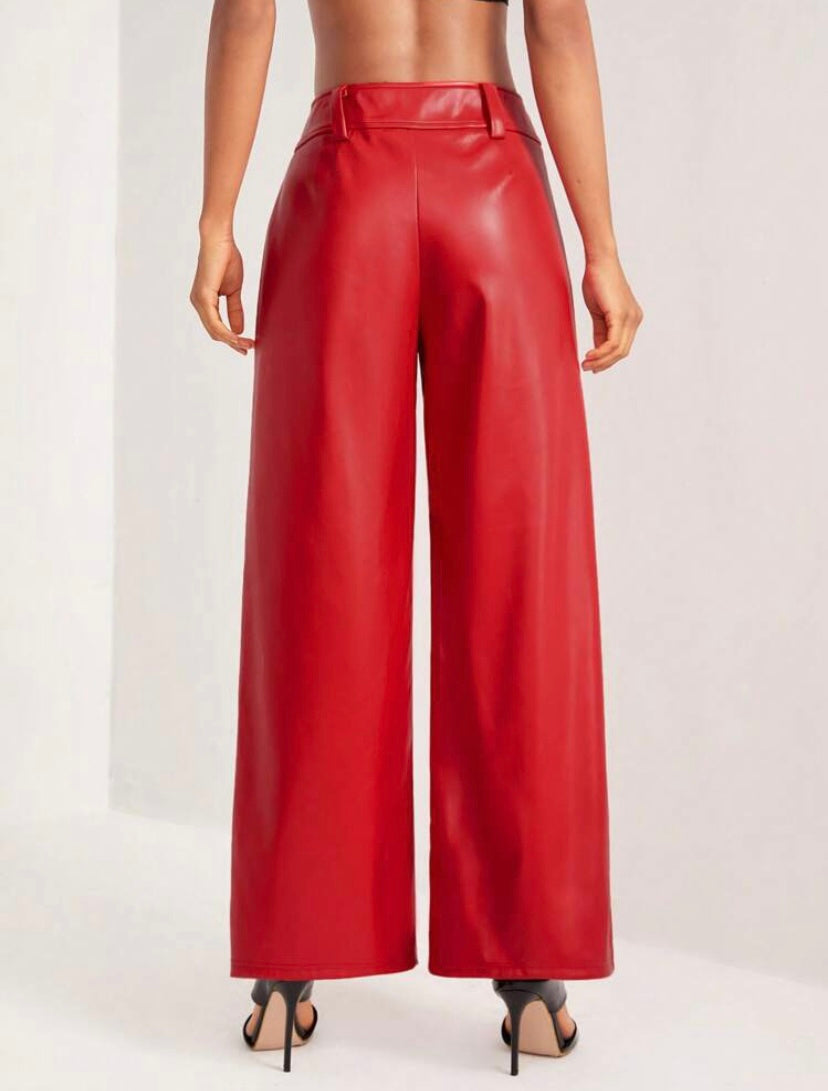 CM-BS616911 Women Elegant Seoul Style PU Leather Lace Up Front Wide Leg Pants - Red