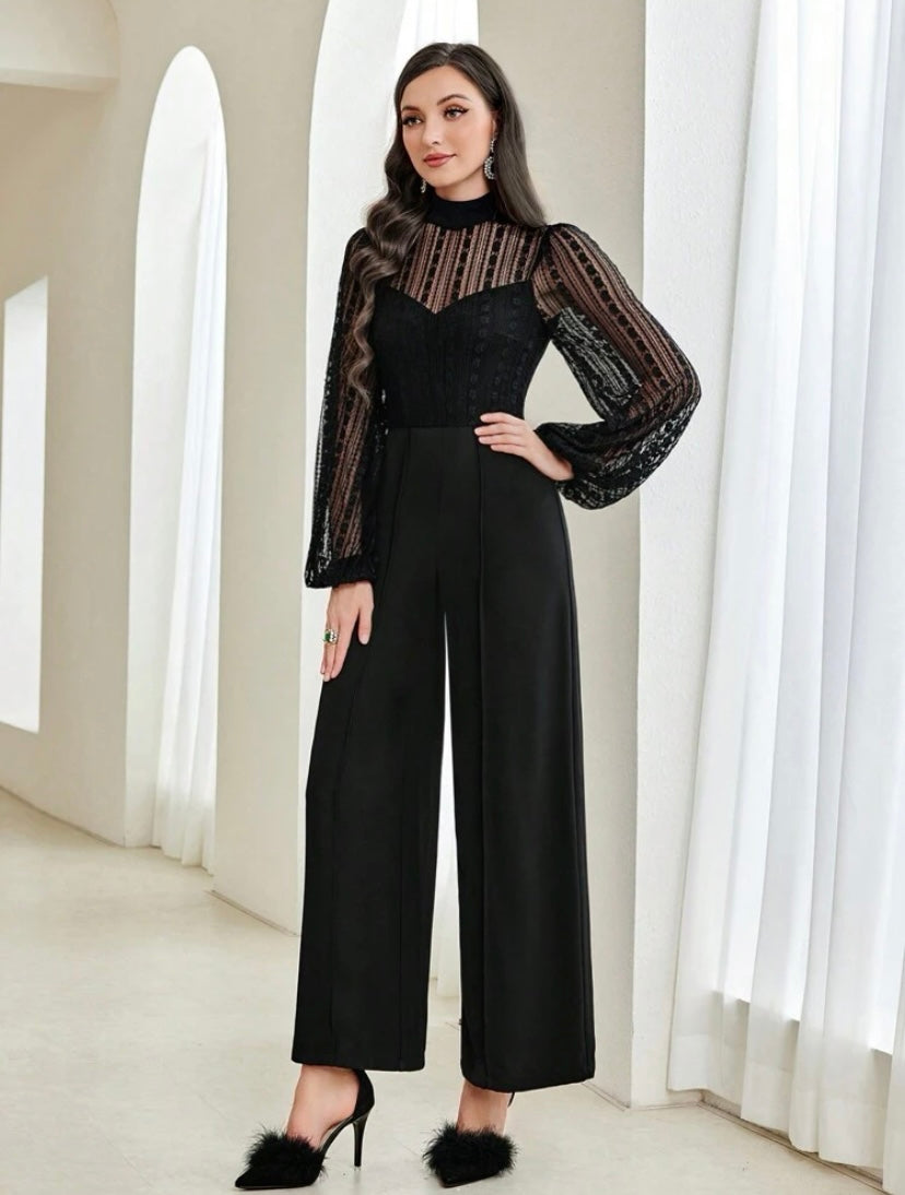 CM-JS022320 Women Elegant Seoul Style Contrast Mesh Mock Neck Lantern Sleeve Wide Leg Jumpsuit