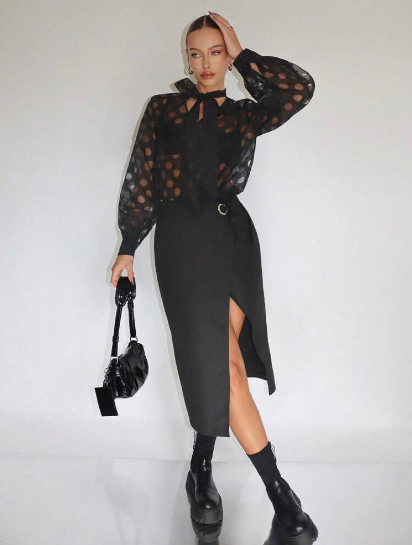 CM-TS948826 Women Elegant Seoul Style Tie Neck Lantern Sleeve Blouse - Black