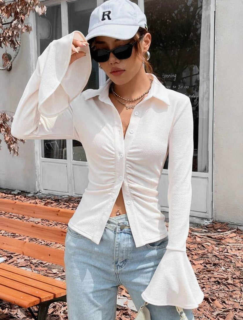 CM-TS289132 Women Casual Seoul Style Ruched Front Flounce Sleeve Blouse - Beige