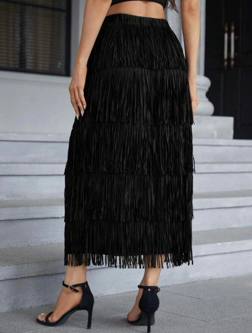 CM-BS329230 Women Elegant Seoul Style Solid Layered Fringe Trim Skirt - Black