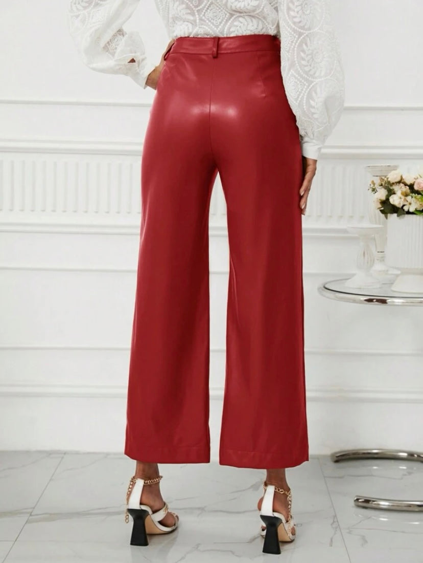 CM-BS579092 Women Casual Seoul Style High Waist PU Leather Wide Leg Pants - Red