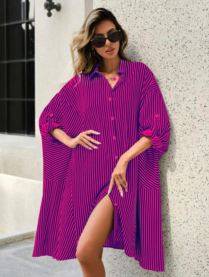 CM-DS134256 Women Casual Seoul Style Striped Print Roll Up Sleeve Button Front Shirt Dress