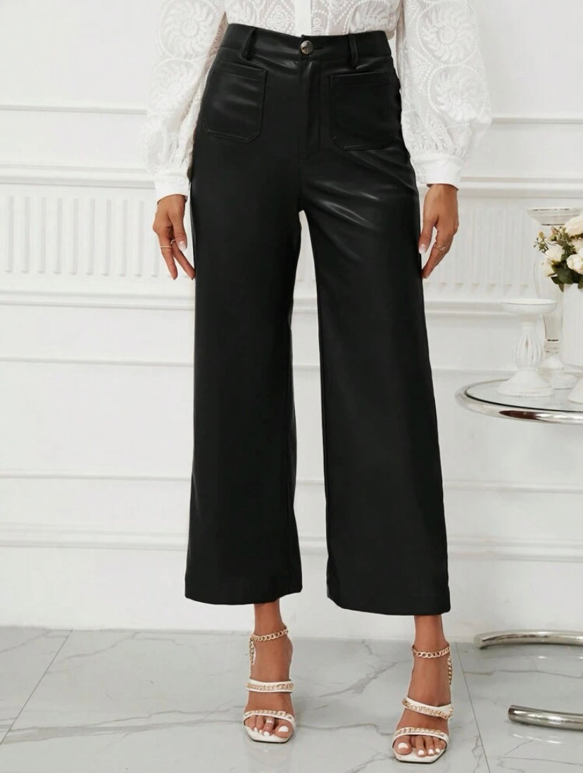 CM-BS594900 Women Casual Seoul Style High Waist PU Leather Wide Leg Pants - Black