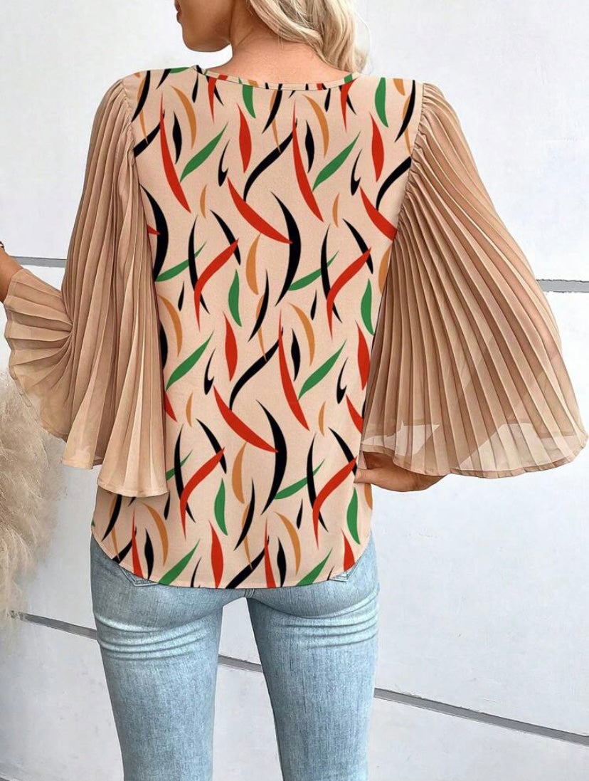 CM-TS391613 Women Casual Seoul Style Graphic Print Pleated Trumpet Sleeve Blouse