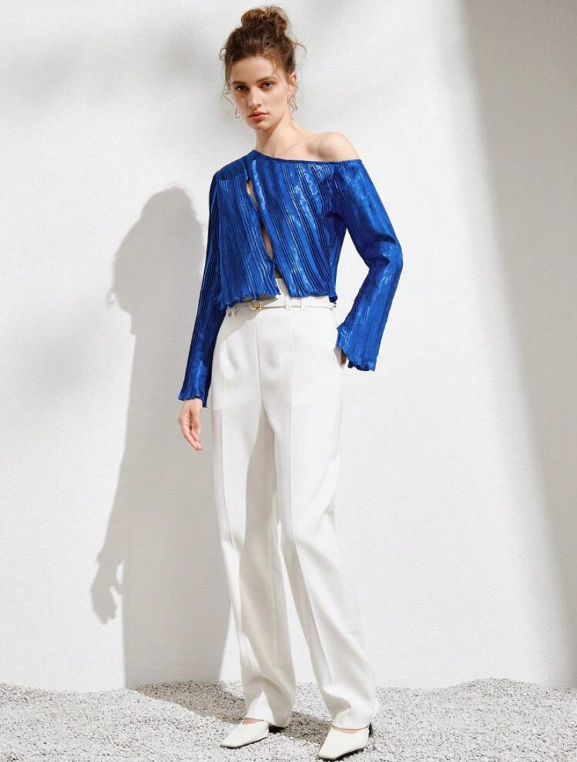 CM-TS107690 Women Casual Seoul Style Asymmetrical Neck Split Sleeve Lettuce Trim Top
