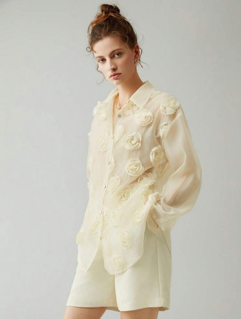 CM-TS800603 Women Casual Seoul Style Appliques Button Front Drop Shoulder Shirt
