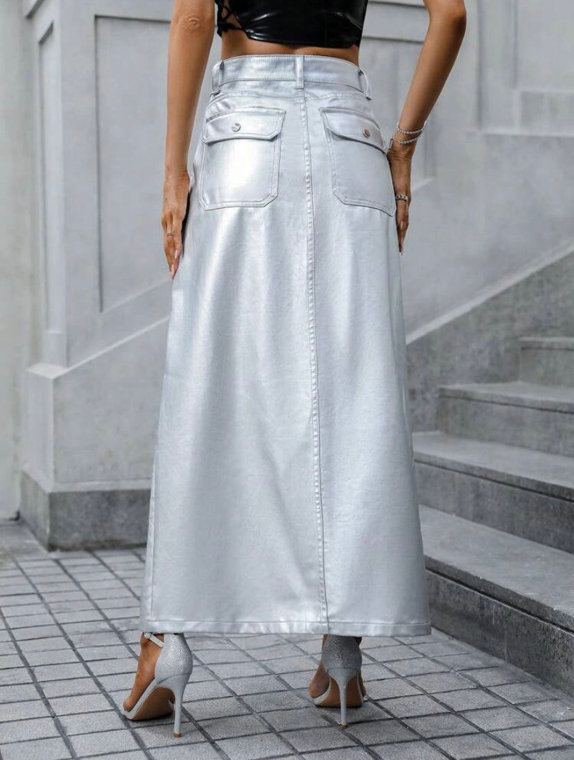 CM-BS599299 Women Elegant Seoul Style Dual Pocket Split Thigh Denim Skirt - Silver