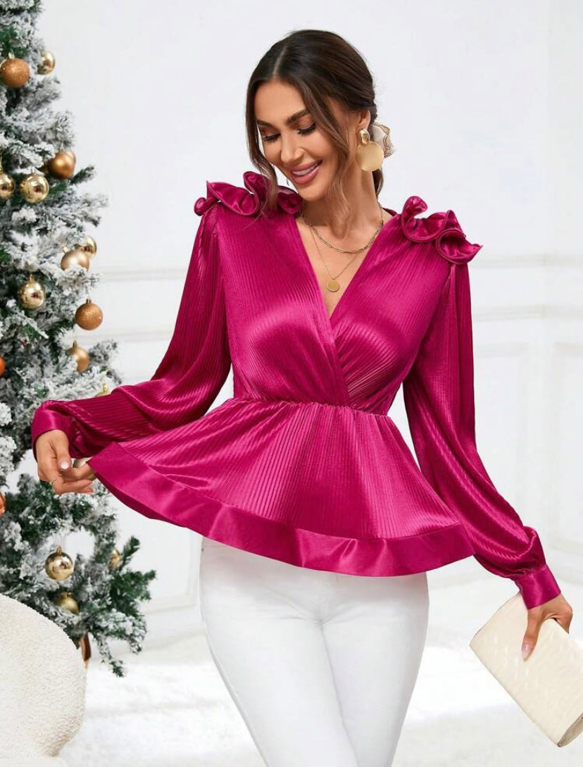 CM-TS189618 Women Elegant Seoul Style Ruffle Trim Lantern Sleeve Peplum Blouse - Hot Pink