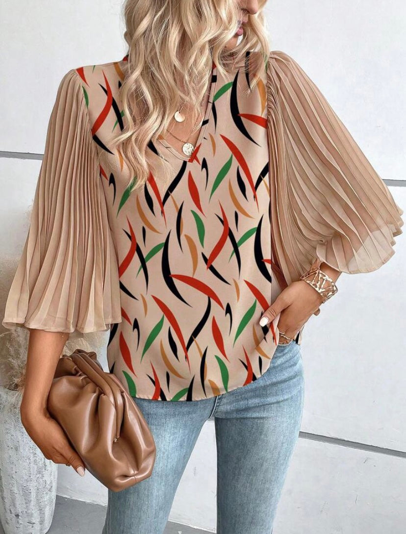 CM-TS391613 Women Casual Seoul Style Graphic Print Pleated Trumpet Sleeve Blouse