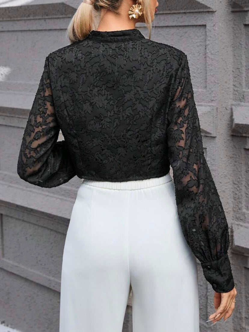 CM-TS428131 Women Elegant Seoul Style Jacquard Lantern Sleeve Crop Shirt - Black