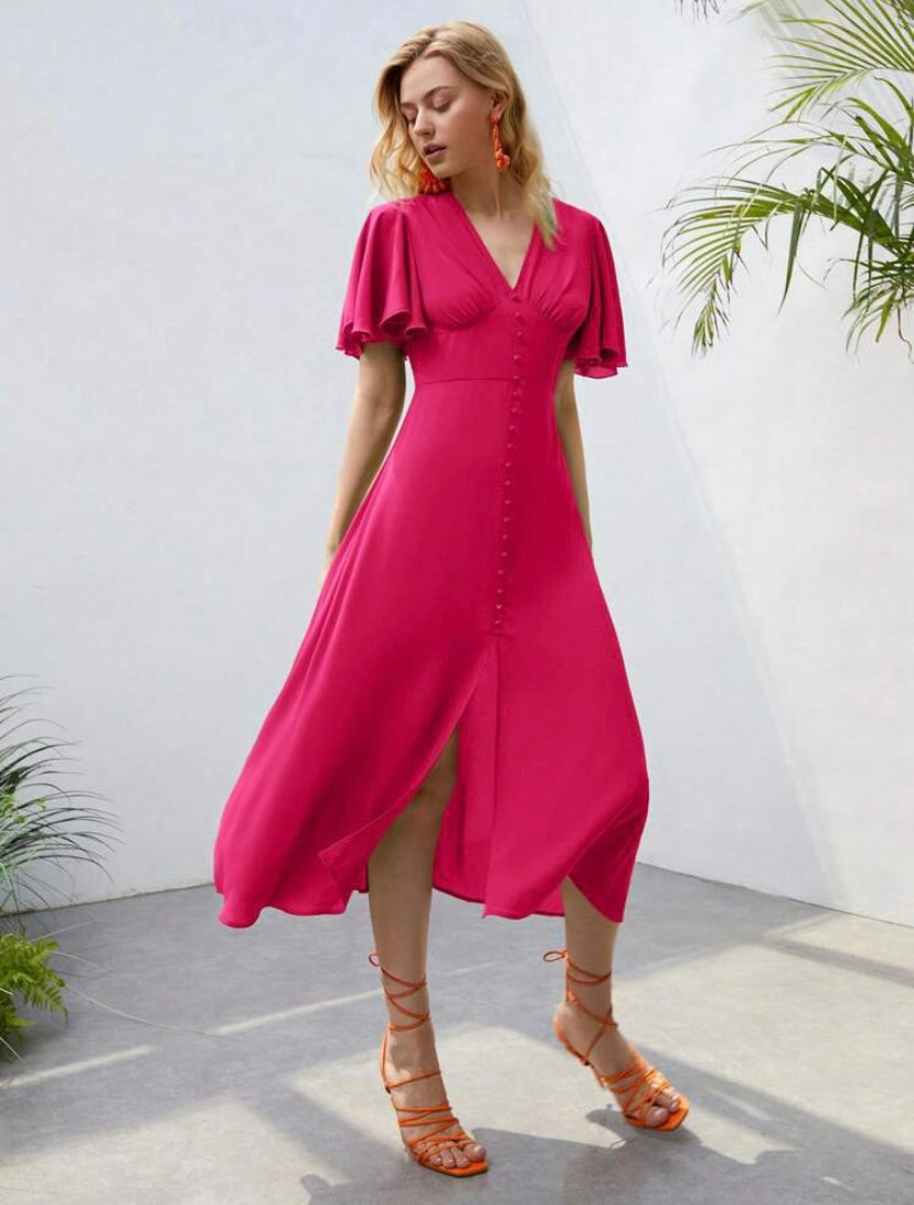 CM-DS383305 Women Elegant Seoul Style Butterfly Sleeve Button Front A-Line Dress - Hot Pink