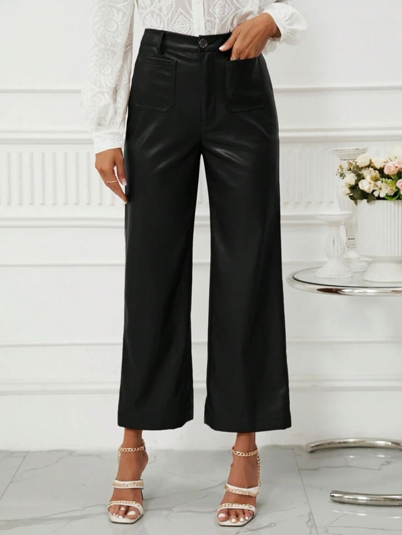 CM-BS594900 Women Casual Seoul Style High Waist PU Leather Wide Leg Pants - Black