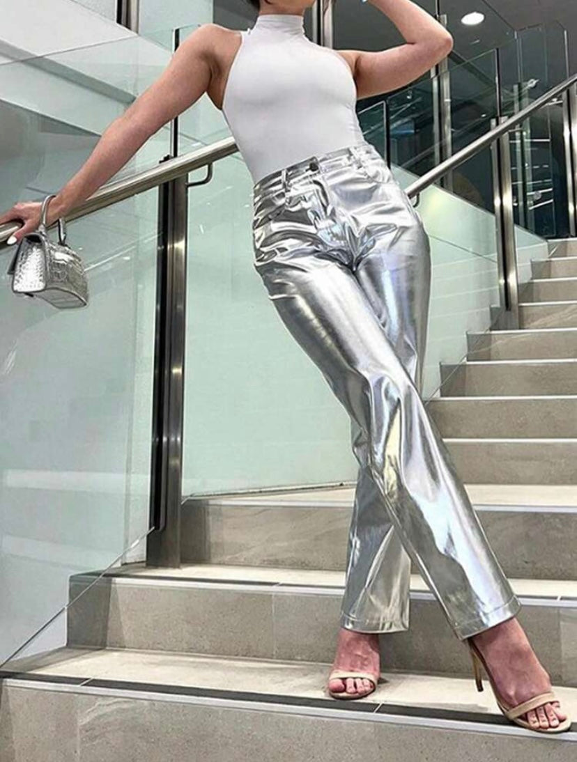 CM-BS625531 Women Elegant Seoul Style Shiny Straight Leg Trousers - Silver