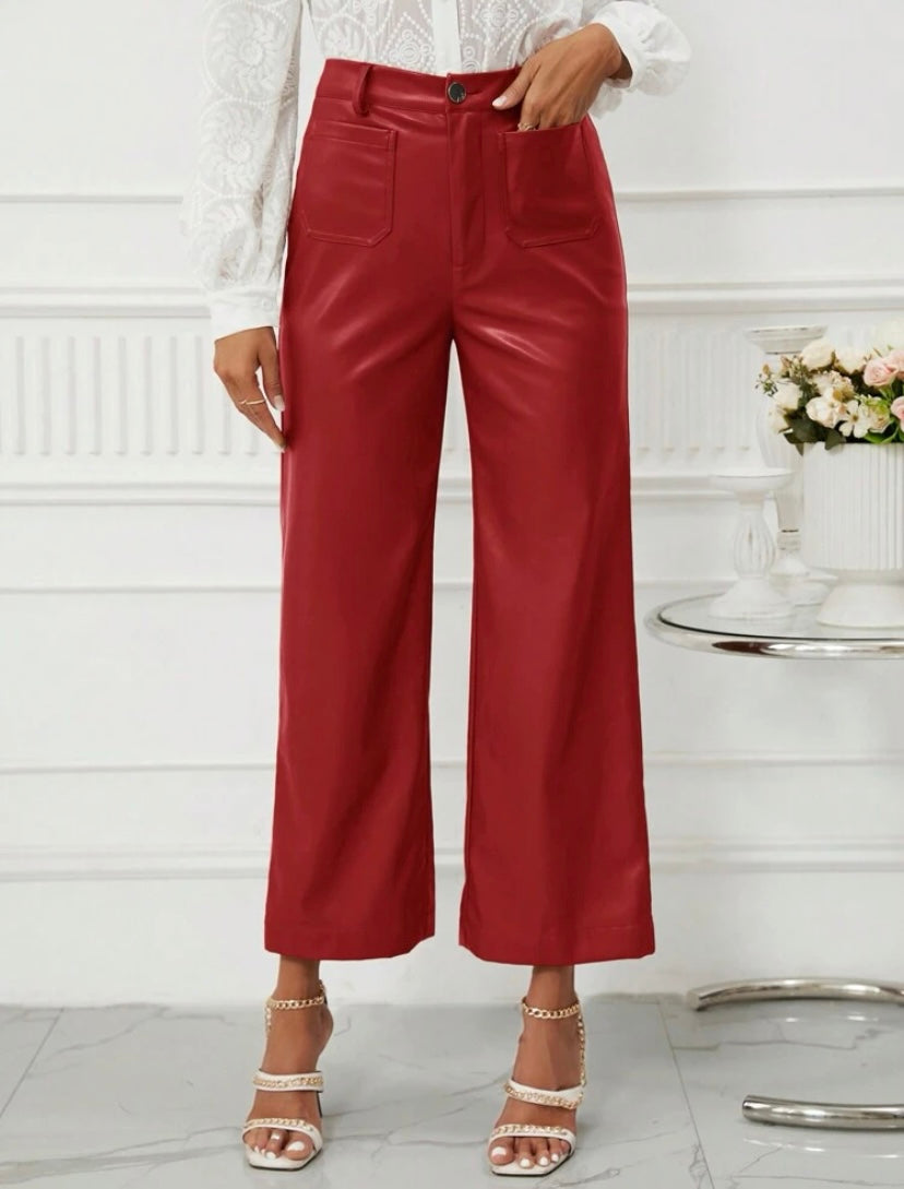 CM-BS579092 Women Casual Seoul Style High Waist PU Leather Wide Leg Pants - Red