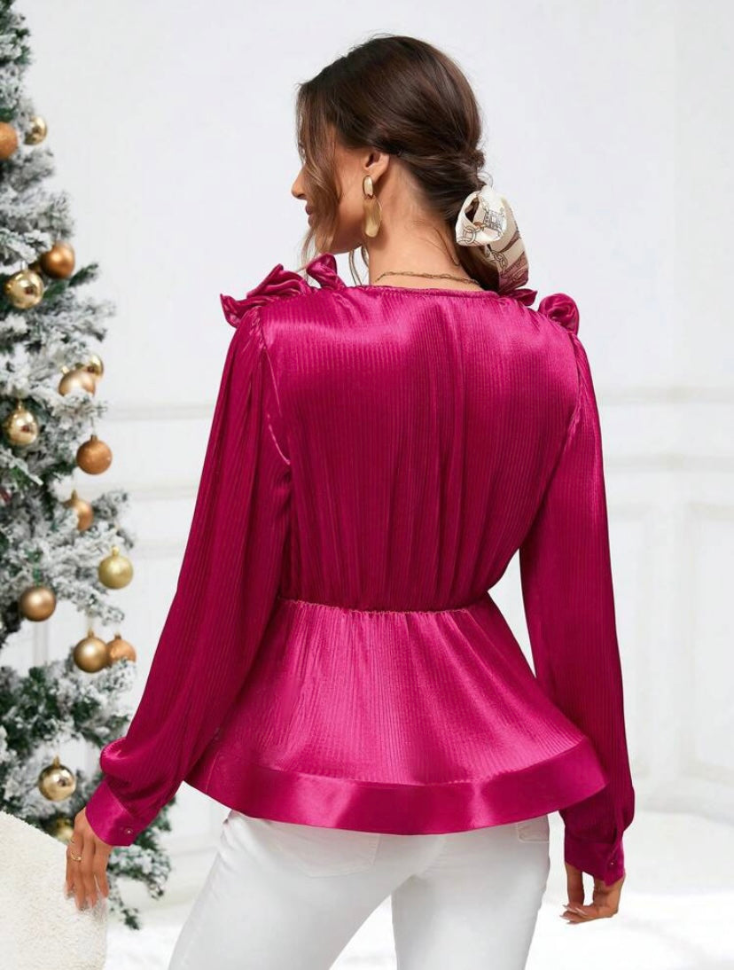 CM-TS189618 Women Elegant Seoul Style Ruffle Trim Lantern Sleeve Peplum Blouse - Hot Pink