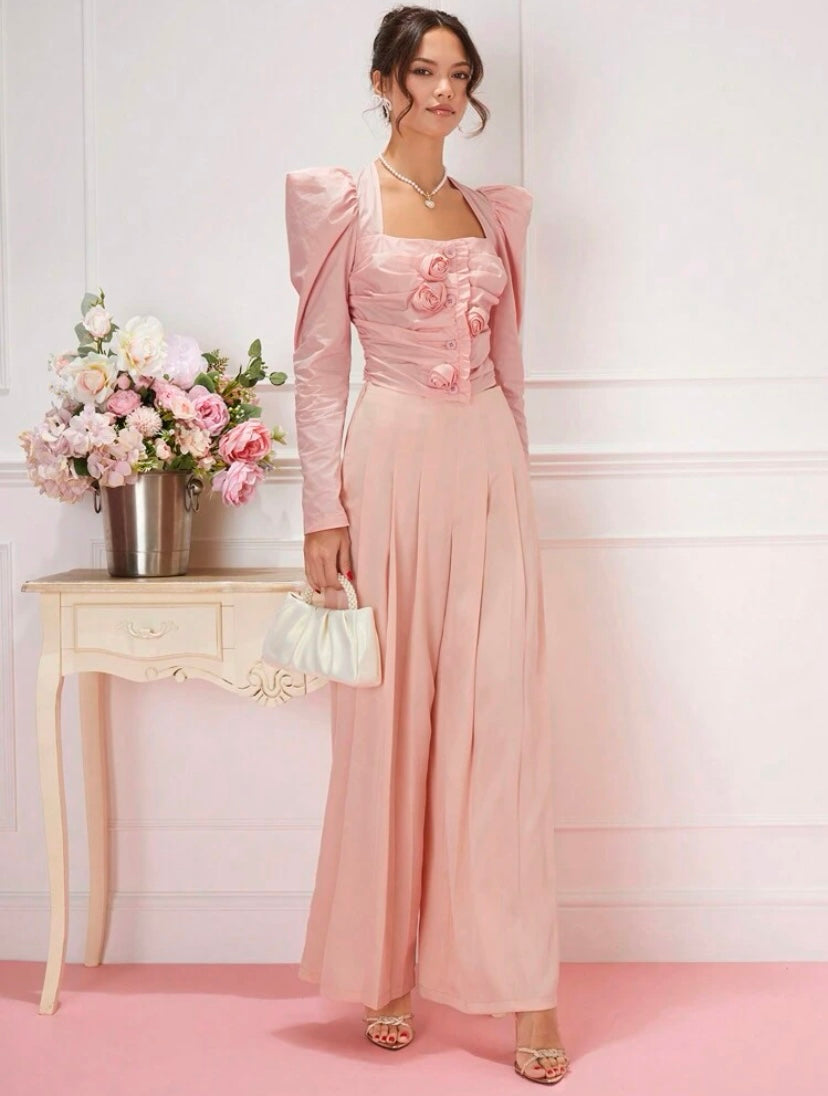 CM-BS553413 Women Elegant Seoul Style High Waist Solid Wide Leg Pants - Pink