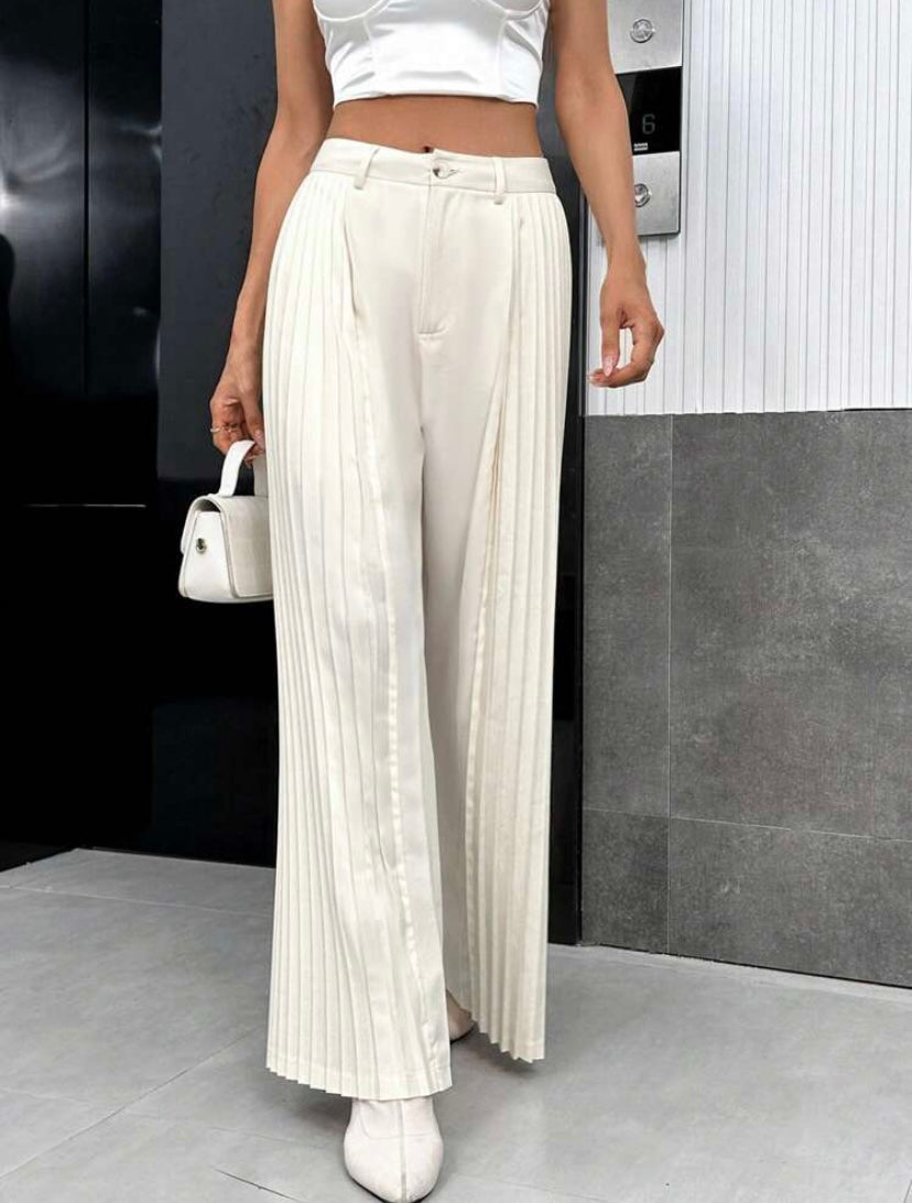 CM-BS864645 Women Casual Seoul Style High Waist Pleated Panel Wide Leg Pants - Beige