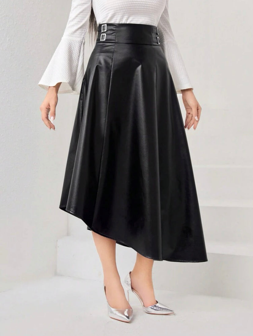 CM-BS221141 Women Elegant Seoul Style Buckle Detail PU Leather Skirt - Black