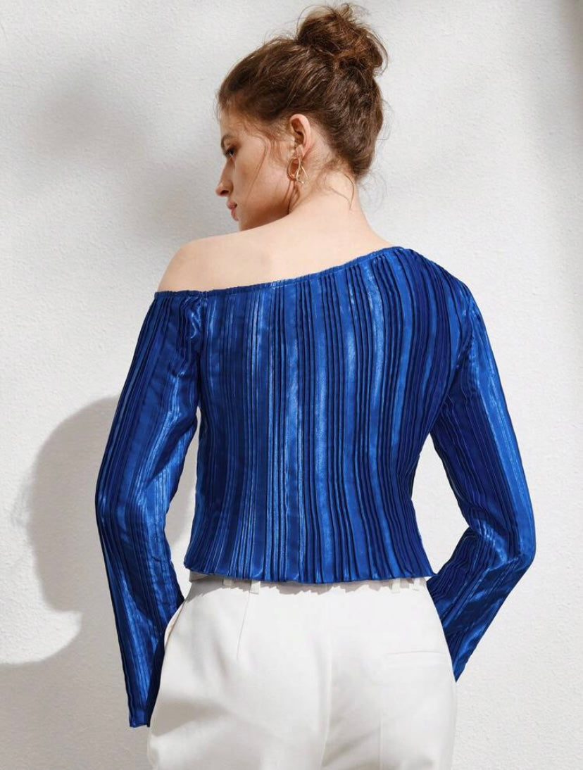 CM-TS107690 Women Casual Seoul Style Asymmetrical Neck Split Sleeve Lettuce Trim Top