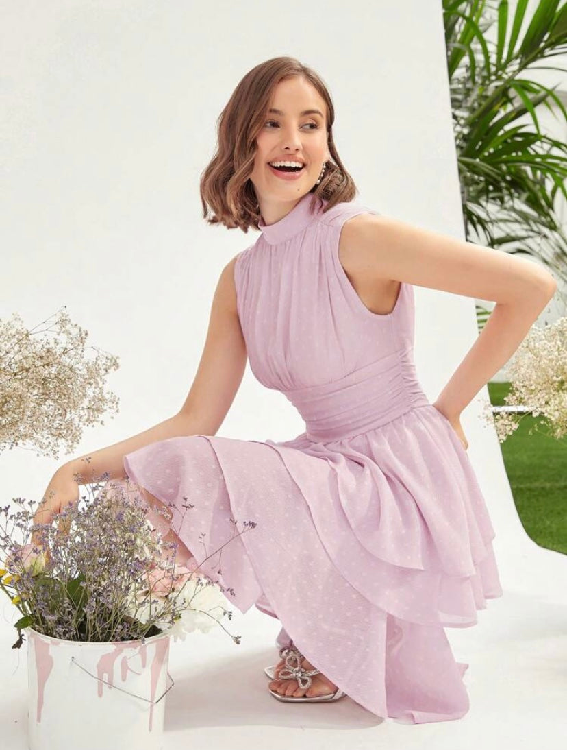 CM-DS362216 Women Elegant Seoul Style Mock Neck Ruched Bust Layered Hem Dress - Pink