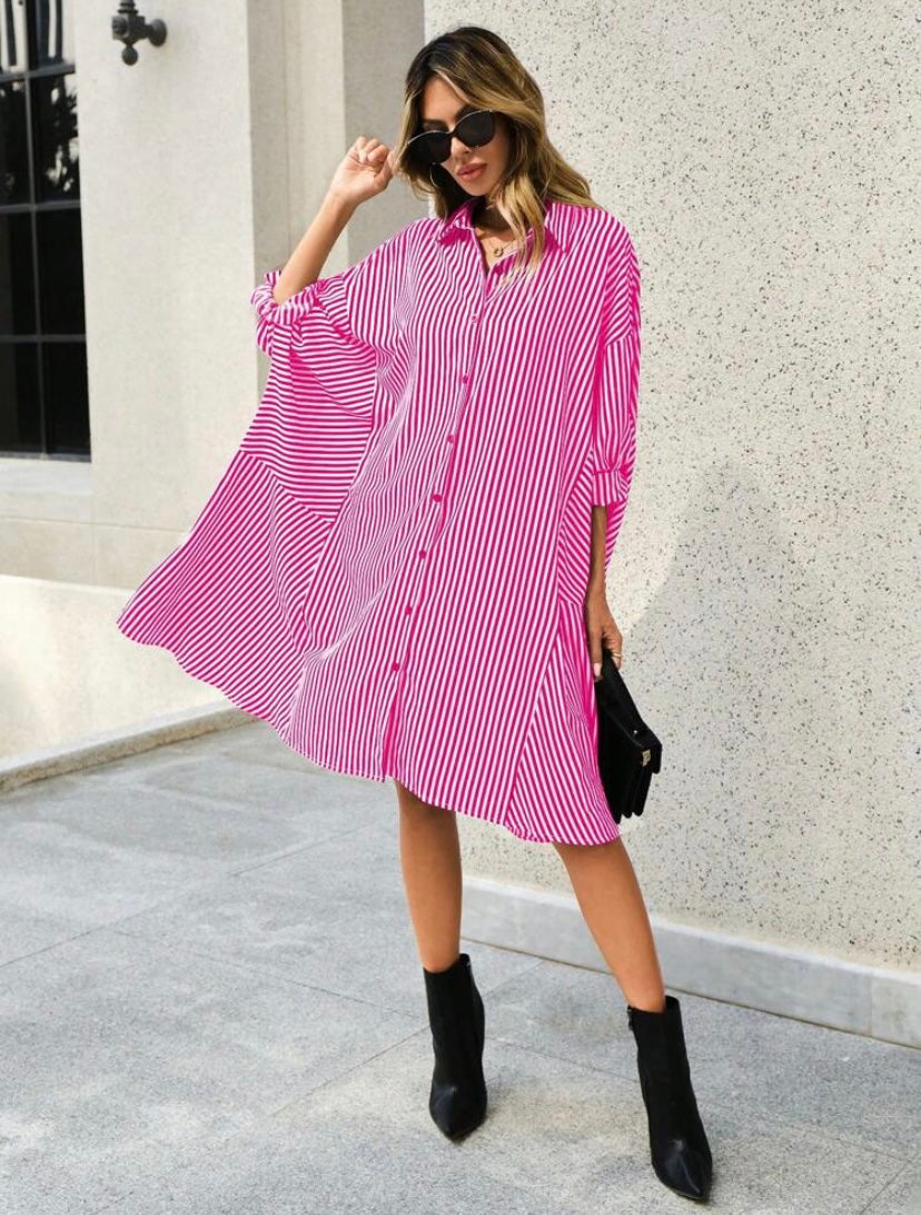 CM-DS914389 Women Casual Seoul Style Striped Print Roll Up Sleeve Button Front Shirt Dress