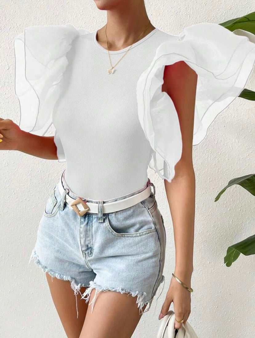 CM-TS317487 Women Casual Seoul Style Contrast Mesh Butterfly Sleeve Bodysuit - White