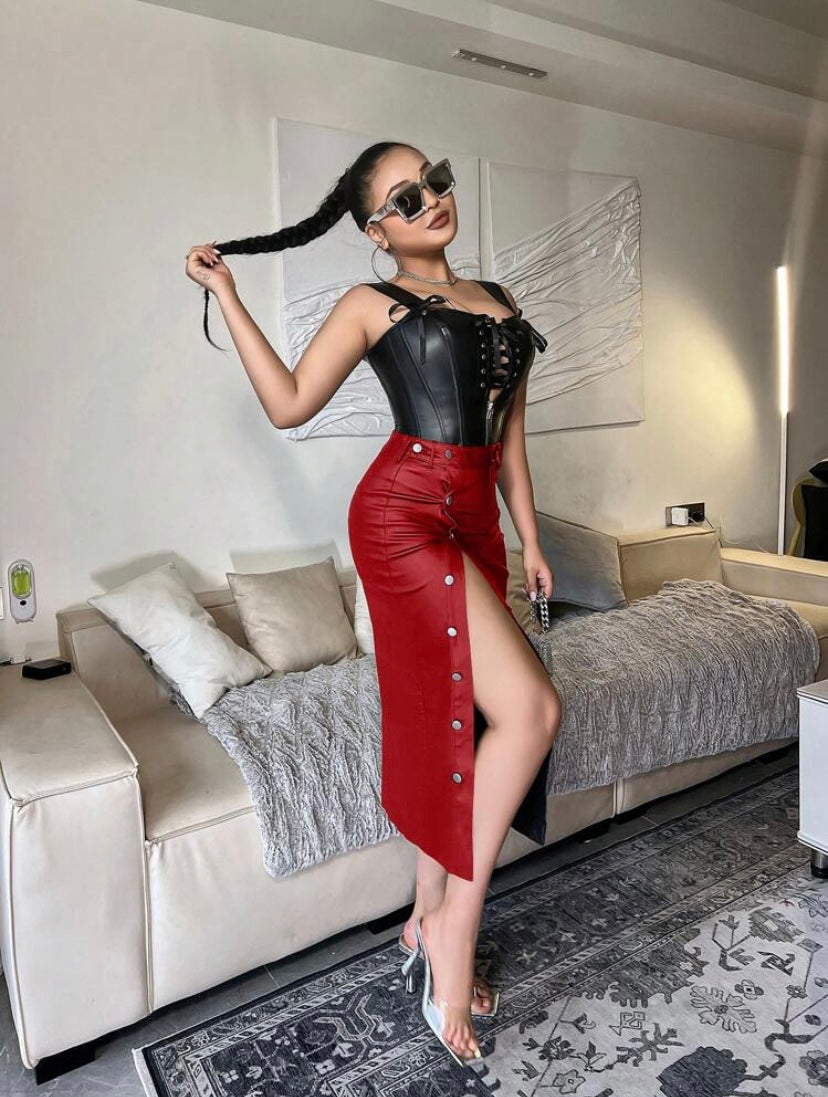 CM-BS328268 Women Casual Seoul Style High Waist Button Front Bodycon Skirt - Red