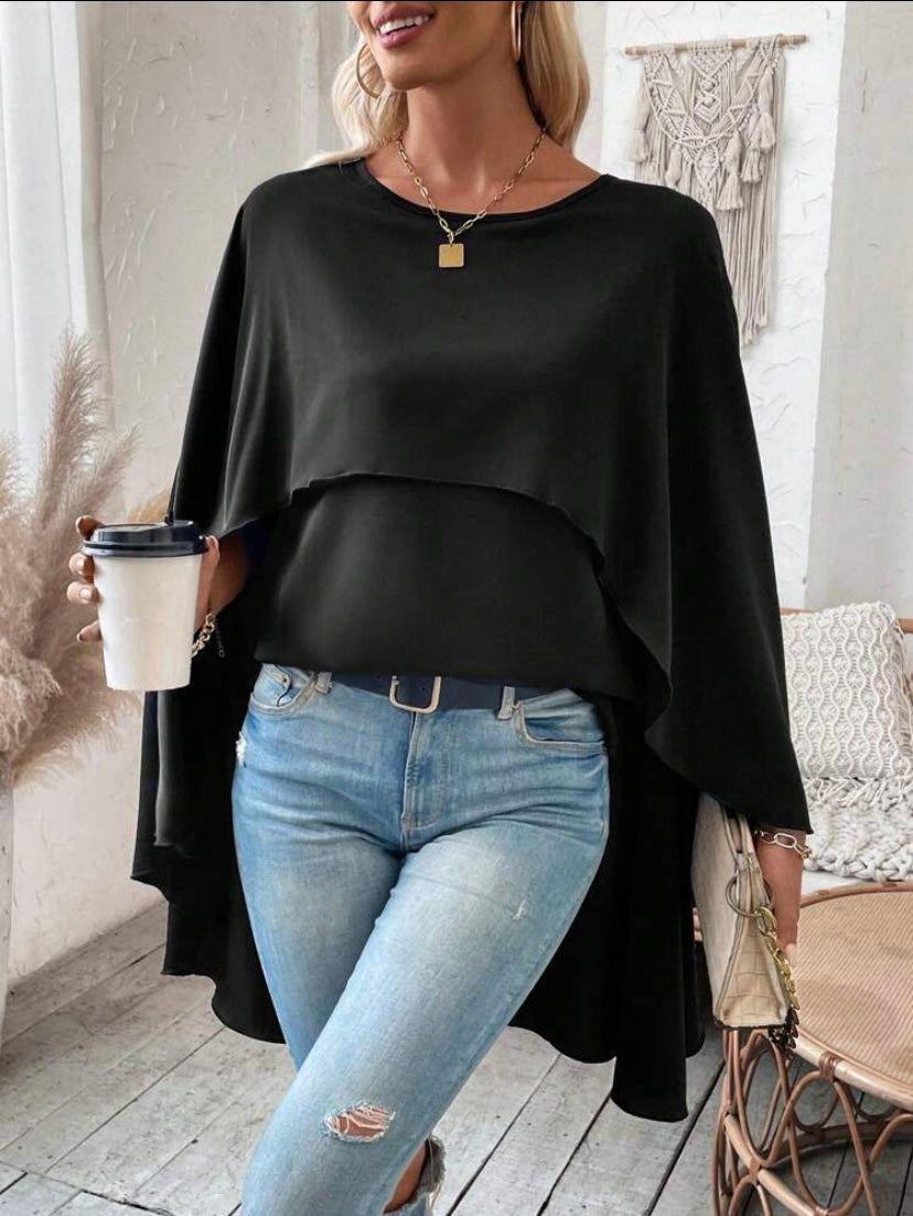 CM-TS773506 Women Casual Seoul Style Round Neck Batwing Sleeve Cape Irregular Hem Shirt