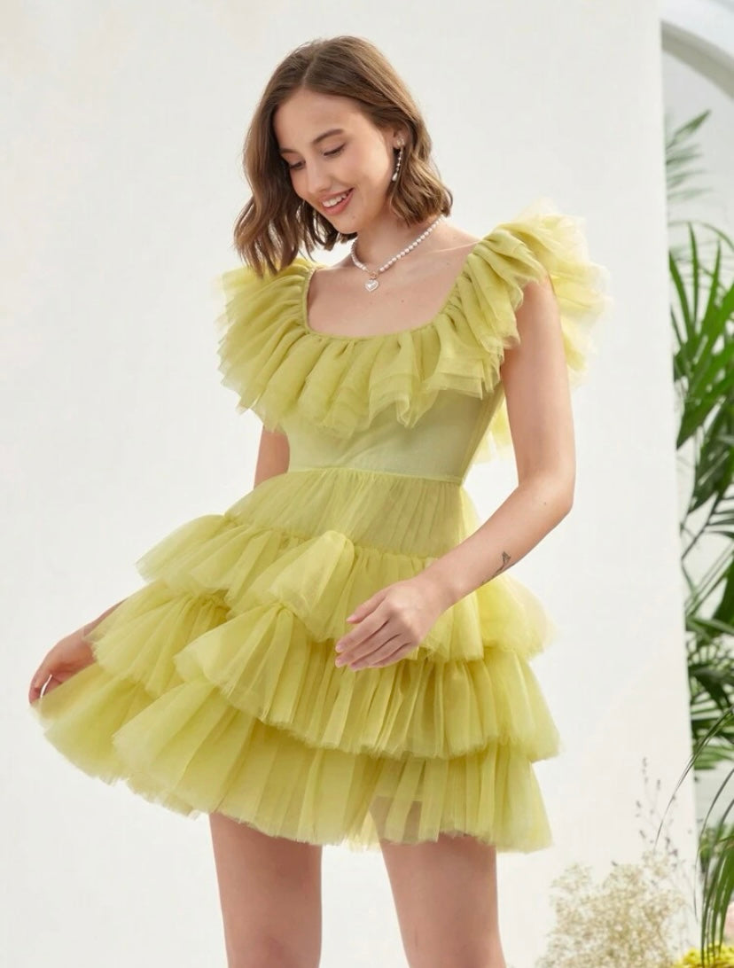 CM-DS262971 Women Elegant Seoul Style Sleeveless Ruffle Trim Mesh Overlay Dress
