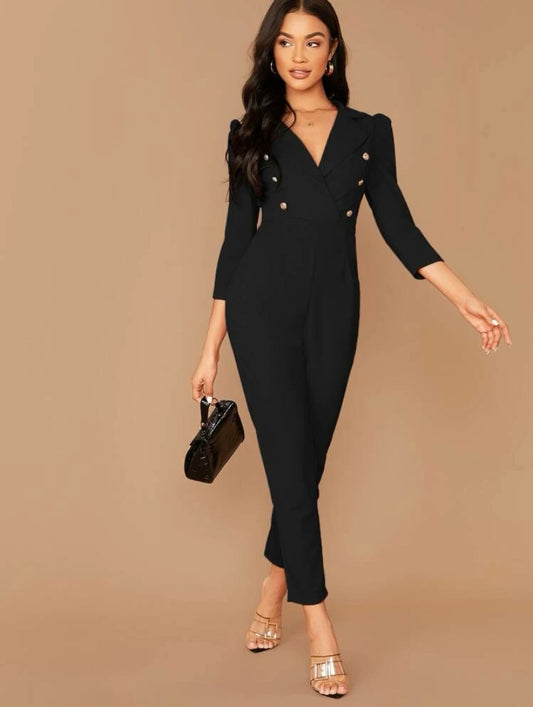 CM-JS207378 Women Elegant Seoul Style Notched Collar Double Breasted Jumpsuit - Black