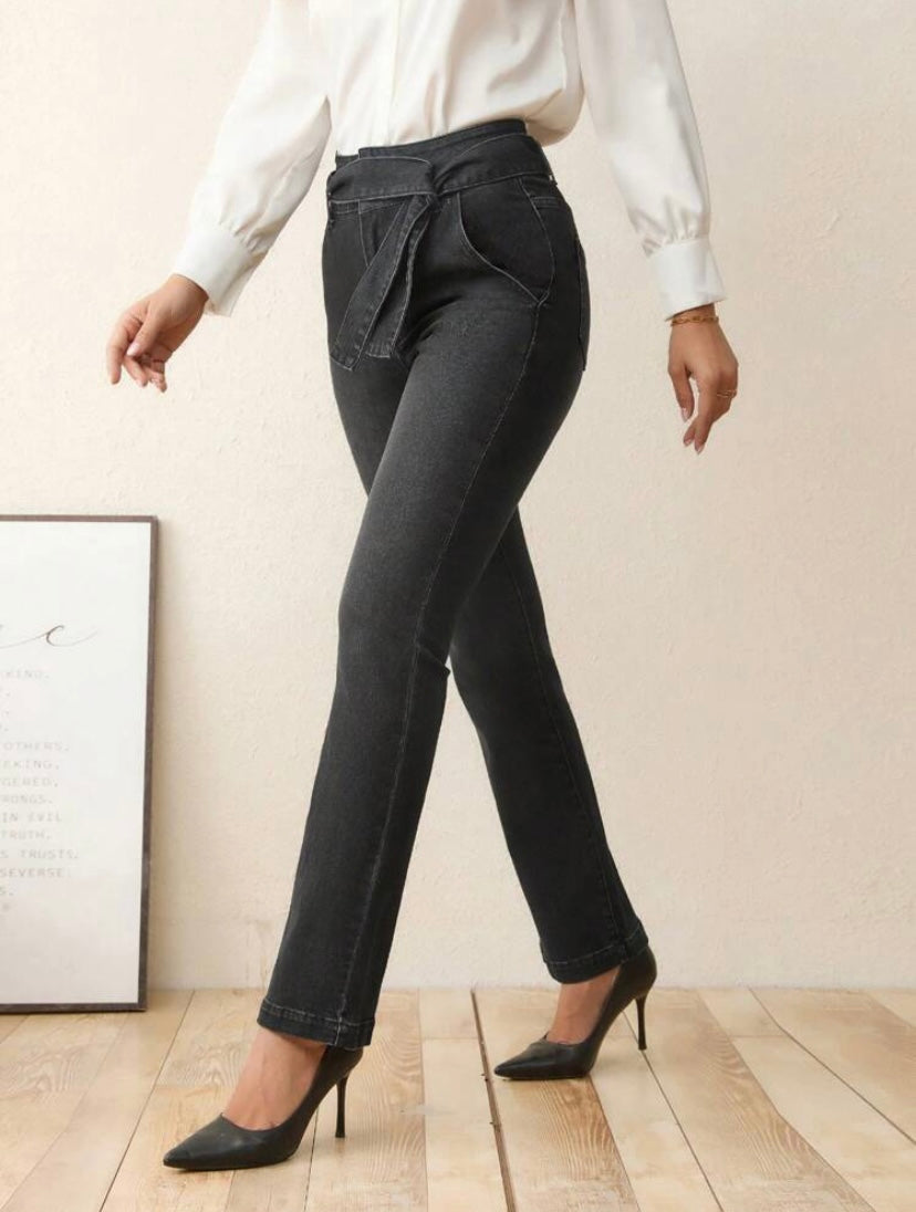 CM-BS310817 Women Preppy Seoul Style High Waist Belted Flare Leg Jeans - Black