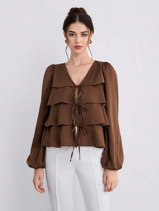 CM-TS010083 Women Elegant Seoul Style Tie Front Ruffle Hem Lantern Sleeve Blouse